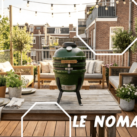 Le Nomade, barbecue de la marque Kamado - visuel sur un roof top urbain