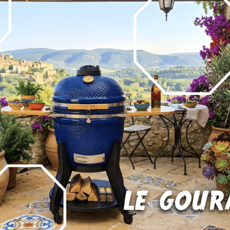 Le Gourmet, barbecue de la marque Kamado - visuel sur une terrasse italienne avec vue sur un petit village au sommet d'une colinne