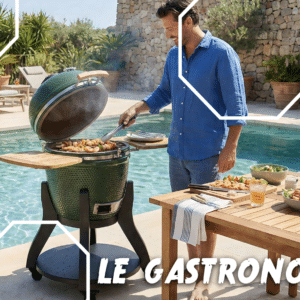 Le Gastronome, barbecue de la marque Kamado - visuel sur la terrasse en pierre blanche d'une grande piscine extérieure