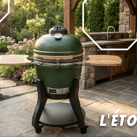 L'Étoilé, barbecue de la marque Kamado - visuel devant une cuisine extérieure d'un jardin fleuri